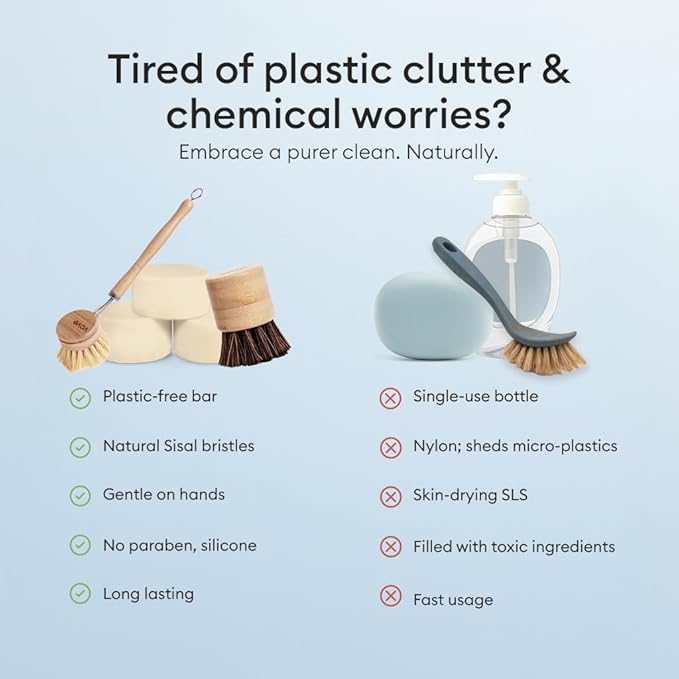 Vove Dish Soap Bundle, 2 Bars, 2 Bamboo & Sisal Scrub Brushes, 1 Ceramic Cup - Plant-Based Coconut Oil Soap with Citrus Essential Oils, FSC-Certified Bamboo, Plastic-Free, Zero-Waste Cleaning Set