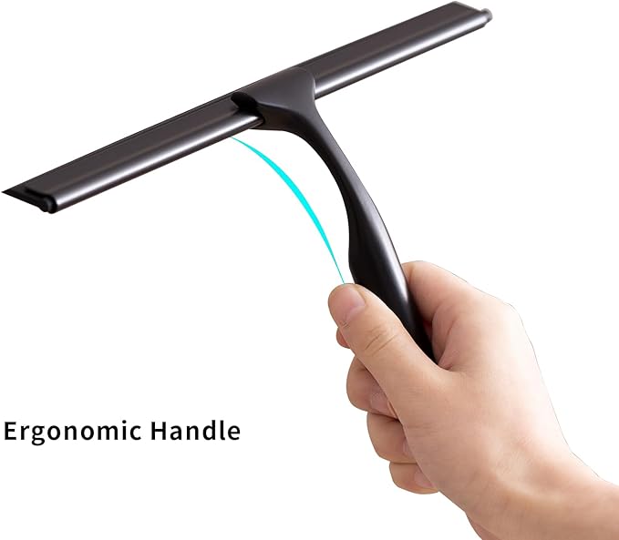 Stainless Steel Shower Squeegee for Glass Doors, Multi-Purpose Squeegee for Shower Glass, Bathroom and Car Windows, Squeegee with Adhesive Hook-10”, Black