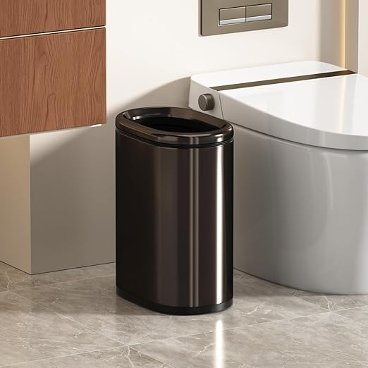 2.4GAL Gloss Black Bathroom Trash Can,Silm Garbage Can with Garbage Bag Inner Lining,Suitable for Bathroom,Bedroom,Hotel,Office,RV (Black Gold)