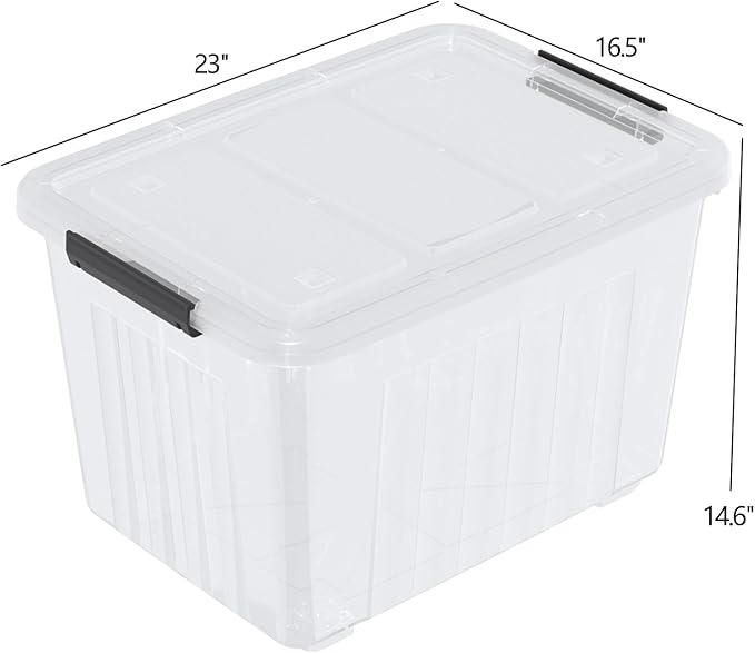 Zopnny 4-Pack Storage Box, 70 Quart Storage Container with Lids and Secure Latching Buckles, Plastic Wheeled Storage Bin Stackable and Nestable, Ideal for Home and Industrial Storage