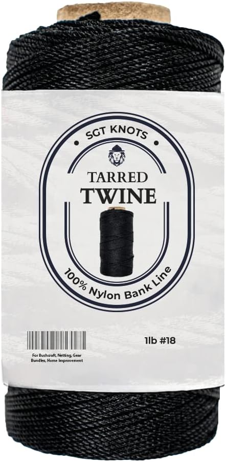 SGT KNOTS Tarred Twine - 100% Nylon Bank Line for Bushcraft, Netting, Gear Bundles, Construction, Lacing Twisted Cord, Weatherproof #18-1 lb