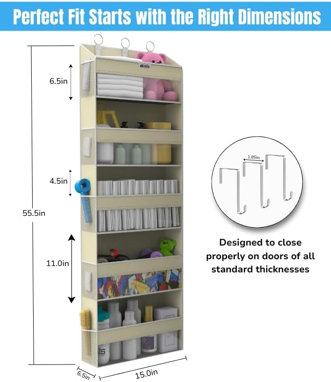 Over the Door Organizer with 5 Large Pockets & 10 Mesh Side Pockets – Durable Hanging Storage for Closet, Bathroom, Bedroom, and Pantry – Space Saving Door Storage with Sturdy Metal Hooks.