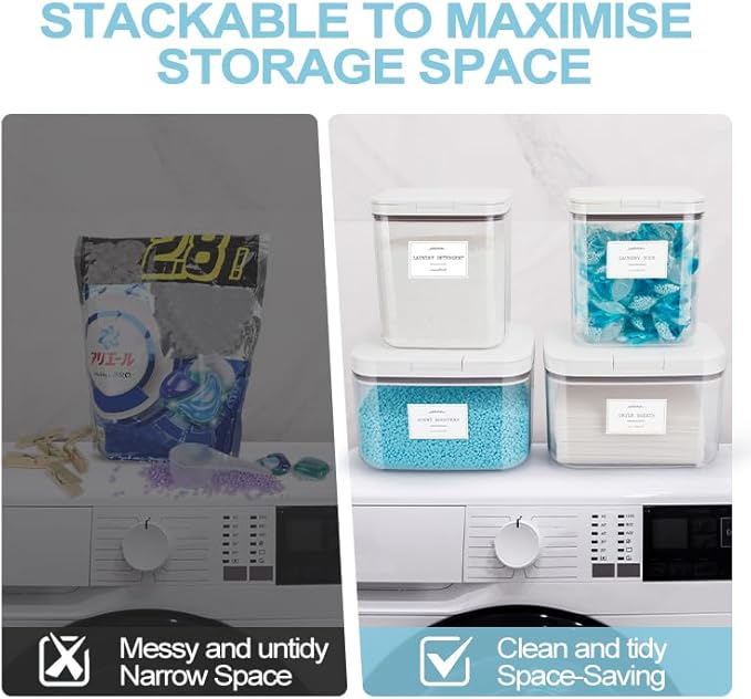 4 Pack Airtight Laundry Detergent Containers & Dryer Sheet Holder with Lids & Scoops, Stackable Laundry Room Organization and Storage for Scent Booster, Powder, Pods