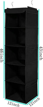 BrilliantJo 2 Pack Hanging Closet Organizer, 5 Shelves Hanging Storage with 6 Side Pockets for Clothes Shoes, 43"x12"x12"(Black)