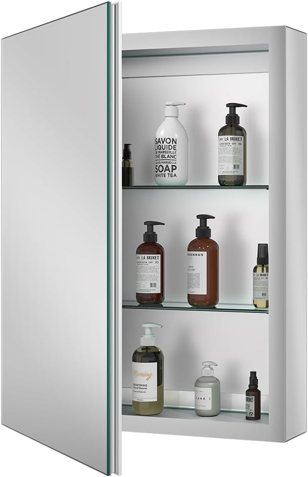 Quavikey Bathroom Medicine Cabinet with Mirror, Aluminum Surface Mount or Recessed Mirror Medicine Cabinet 20x26 Inch, Silver