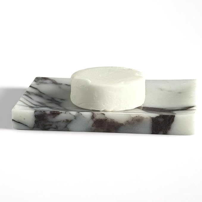 Natural Marble Soap Dish for Shower with Silicone Non-Slip Feet, Stone Drying Tray, Bar Soap Saver, Holder Container for Bathroom Decor Accessories(Calacatta Viola, Rectangular)