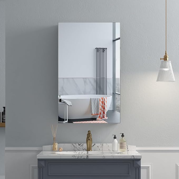 Quavikey Bathroom Medicine Cabinet with Mirror, Aluminum Surface Mount or Recessed Mirror Medicine Cabinet 16x26 Inch, Silver