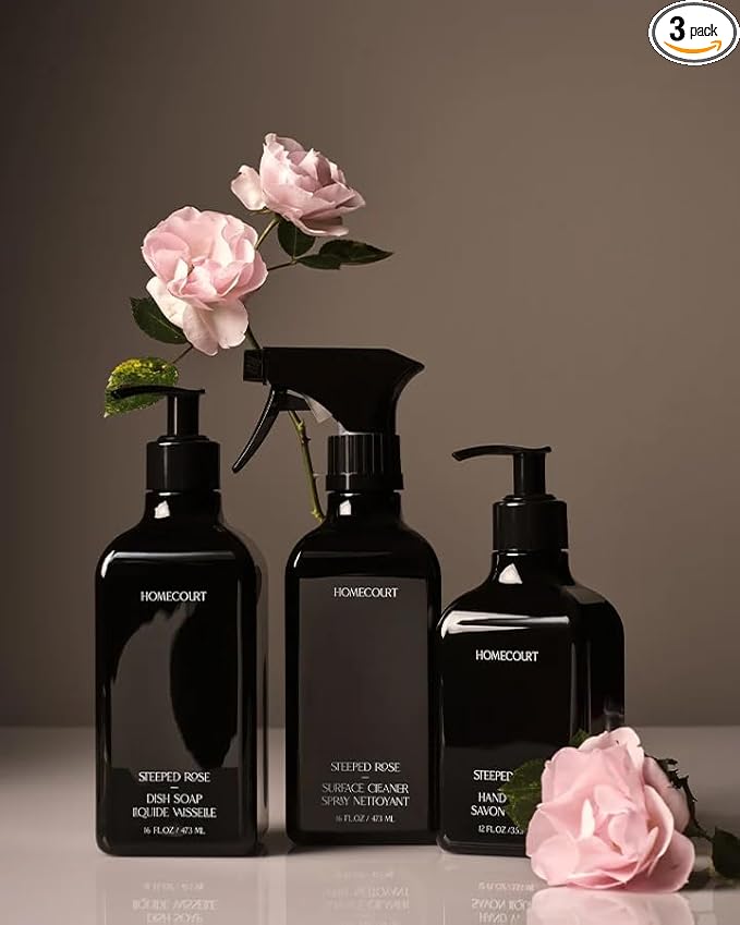 Homecourt Steeped Rose Kitchen Trio - Surface Cleaner, Dish Soap, Hand Wash, Clean Formula, Eco-Friendly, Plant-Based Ingredients, 3-Pack