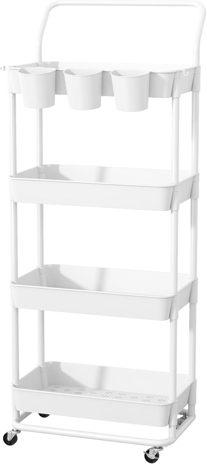 Buzowruil 4-Tier Rolling Utility Cart, Storage Cart with Handle Multi-Purpose and Locking Wheels,with Hanging Basket and Hook for Office, Kitchen, Bathroom,White