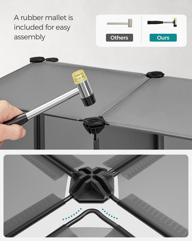 SONGMICS 6 Cube Storage Organizer, Modular Bookshelf, DIY Closet Organizers and Storage, Plastic Stackable Shelves, 11.8 x 11.8 x 11.8 Inch Cubes, with Feet and Rubber Mallet, Gray ULPC06G