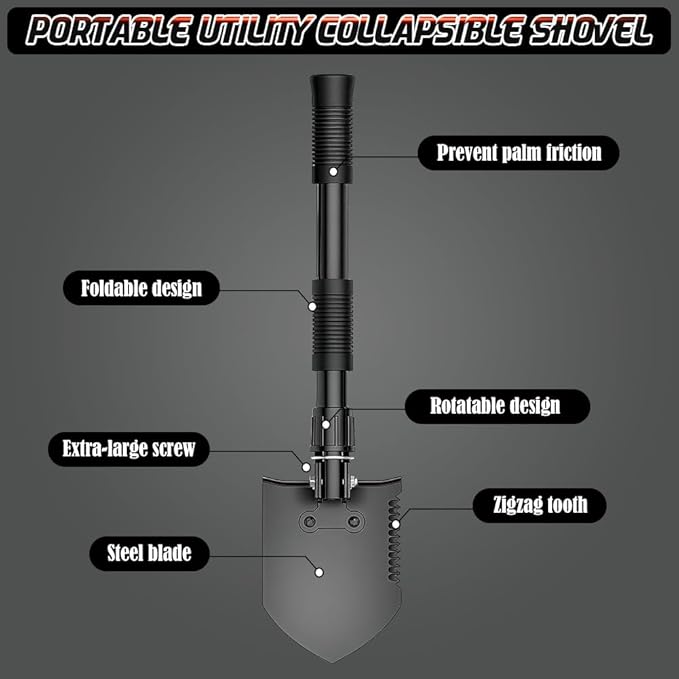 Folding Shovel, Overall Length 15.35 Inches, Foldable Design with Portable Bag, Made of Durable Materials, Serrated Edge, for Camping, Hiking, Gardening, Fishing & Emergencies (Black)