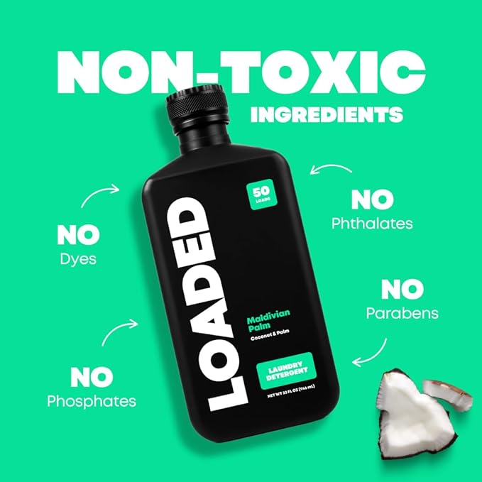 Loaded Laundry Detergent, Luxury Cologne & Perfume Scented | 50 Loads | Coconut & Palm | Skin-Friendly & Plant-Based | Made in USA | 32 oz