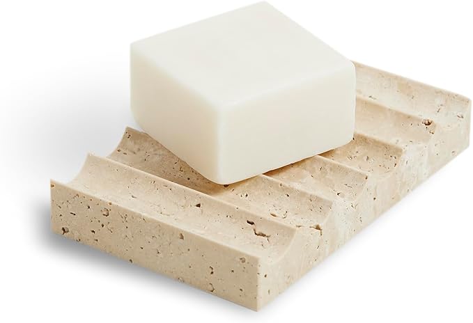 Elegant Natural Marble Soap Dish – Zen Stone Soap Tray – Rectangle Non-Slip Soap Holder for Bathroom and Kitchen - Jewelry Display Dish (Beige Travertine)