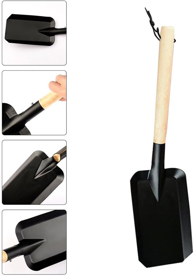 Veemoon Small Fireplace Ash Shovel Gardening Shovel with Wood Handle Iron Coalshovel for BBQ Fireplace Ash Sweep Planting Supplies Outdoor Hiking Indoor and Outdoor, 15inch Black