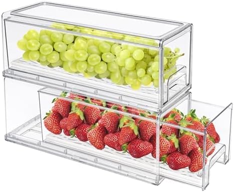 MANO 2Pack Clear Fridge Drawers Pull Out Stackable Refrigerator Drawer Organizer Bins Pantry Storage Box Plastic Food Containers for Kitchen Bathroom Office Closet(X-Small)