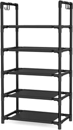 LANTEFUL 5 Tiers Shoe Rack 12-15 Pairs Boots Organizer Storage Sturdy Narrow Shoe Shelf for Entryway, Closets with Hooks, Black