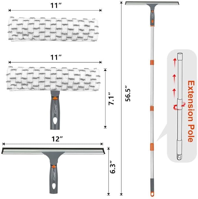 ITTAHO Squeegee for Window Cleaning,12" Squeegee and 11" Microfiber Scrubber Combi with Stainless Steel Pole,Extendable Window Cleaner for Car,Sliding Door,Shower Glass Door-Swivel Style-2 Pads