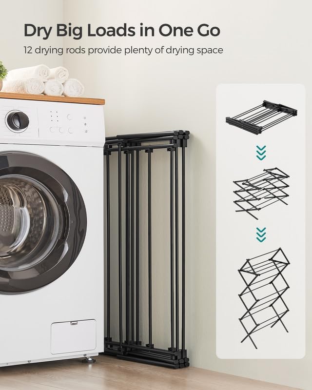 SONGMICS Foldable Clothes Drying Rack, Laundry Drying Rack, Clothes Airer, Steel Frame, 14.6 x 29.5 x 53.2 Inches, Easy Assembly, Indoor Outdoor Use, Black ULLR770B01