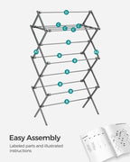 SONGMICS Foldable Clothes Drying Rack, Laundry Drying Rack, Clothes Airer, Steel Frame, 14.6 x 29.5 x 53.2 Inches, Easy Assembly, Indoor Outdoor Use, Gray ULLR770G01
