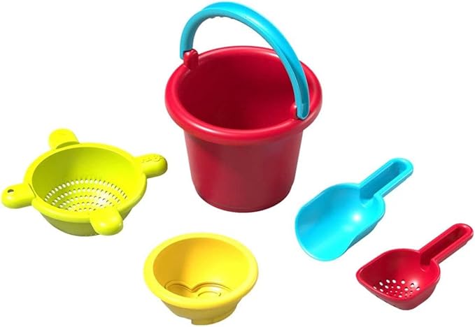 HABA Sand Toys Basic Set - 5 Piece Bundle with Plastic Pail, Sieve, Mold, Scoop and Sifting Shovel Sized just for Toddlers Ages 18 Months +