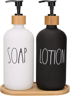 Soap Dispenser Bathroom Set, Hand Soap and Lotion Dispenser Set with Tray for Bathroom, Black and White Bathroom Decor Modern Farmhouse Decor Kitchen Art Dish Soap Holder (Black & White)