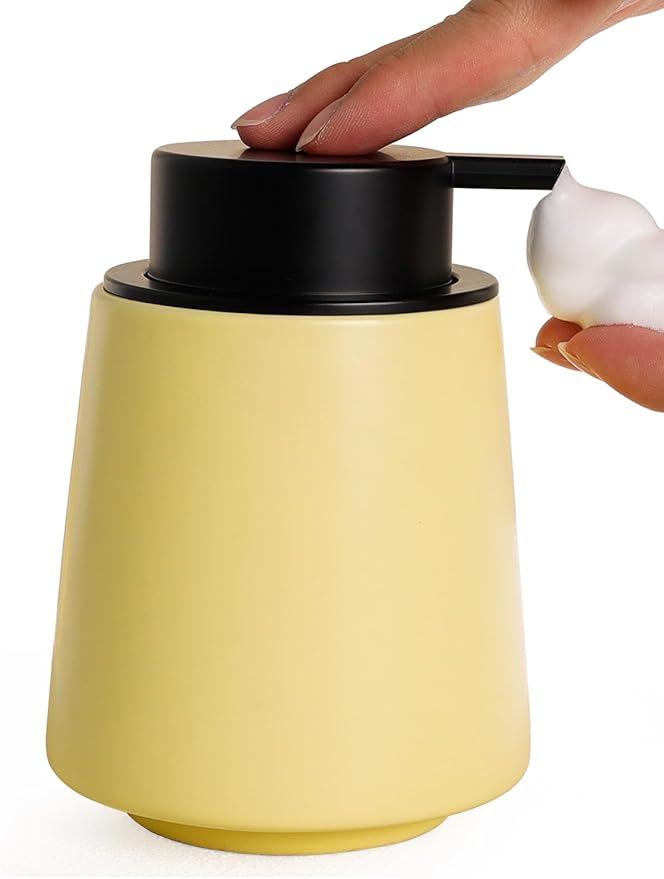 INGOFIN Ceramic Foaming Soap Dispenser -14 oz Foam Hand Soap Dispenser Bathroom, Modern Refillable Dish Wash Bottle for Kitchen with Large Pump, Matte Yellow