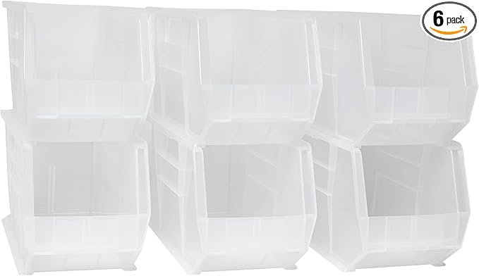 Akro-Mils 30265 AkroBins Plastic Storage Bins, Space-Saving Stackable Bins for Garage, Pantry, Craft Organization, 18-" x 8.25-" x 9-", Clear, 6-Pack
