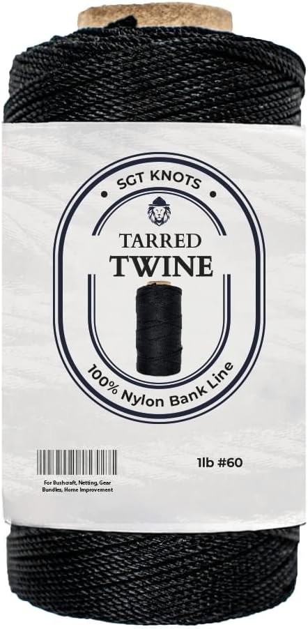 SGT KNOTS Tarred Twine - 100% Nylon Bank Line for Bushcraft, Netting, Gear Bundles, Construction, Lacing Twisted Cord, Weatherproof #60-1 lb