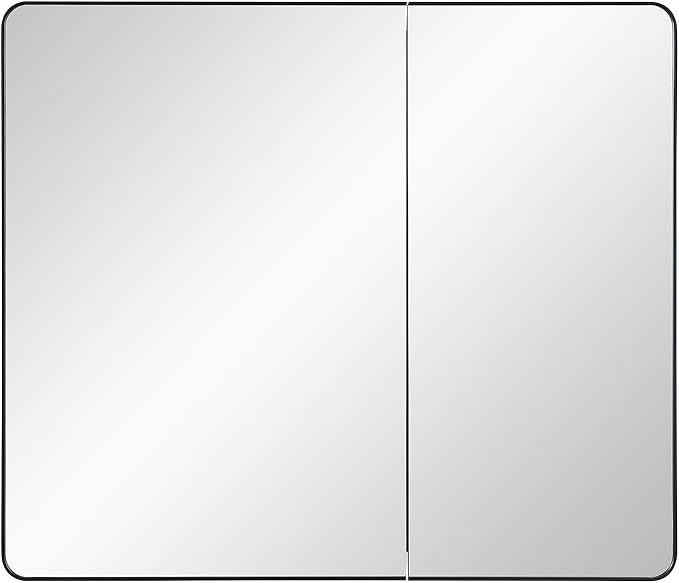 Black Bathroom Mirror Medicine Cabinet with Round Corner Framed Door 30 x 25.6 inch, Recessed or Surface Mount, with Adjustable Glass Shelves