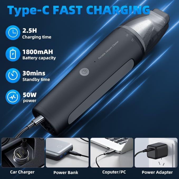 PATO Cordless Handheld VacuumCleaner, Mini Car Vacuum with PowerfulSuction, 1800mAh high-CapacitybatteryPortable Dust Collector Matte Black.