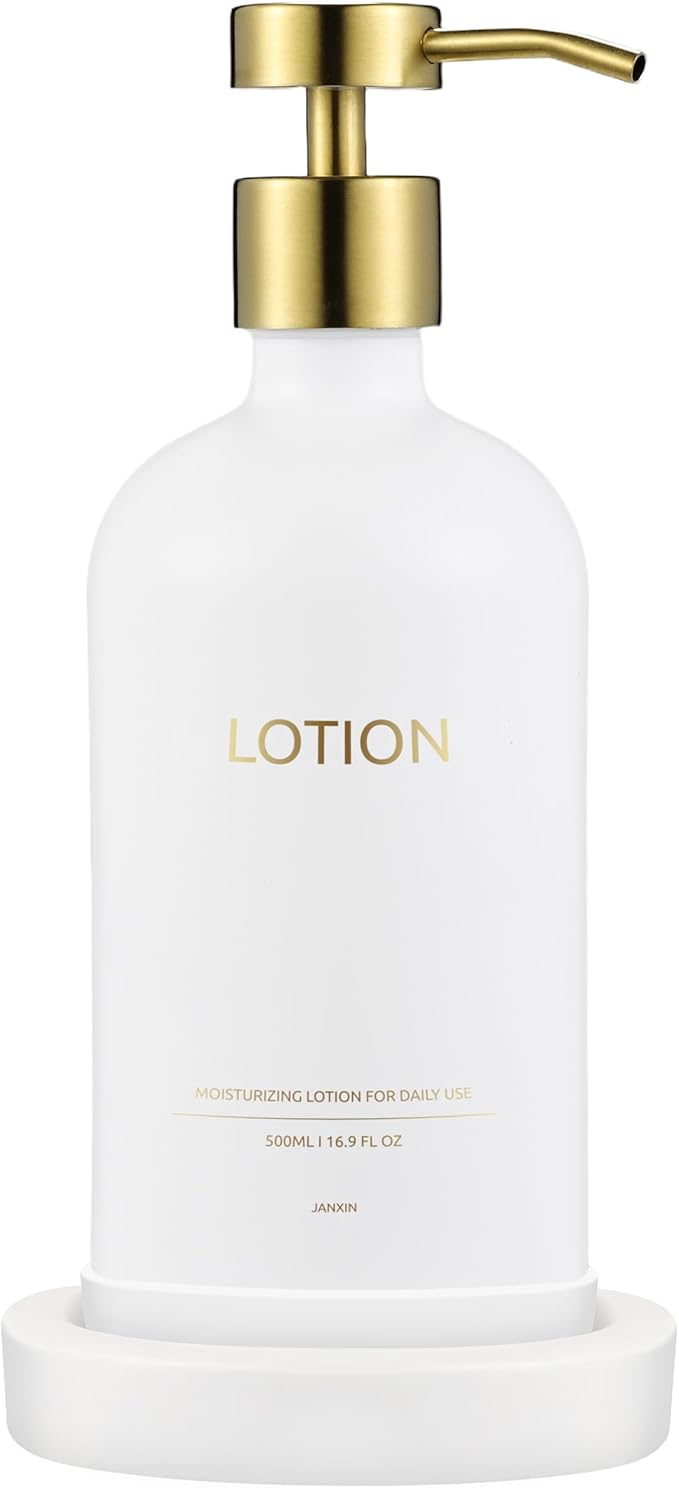 Glass Soap Dispenser Set by Janxin,Bathroom Soap Dispenser Set with Ceramic Tray,Luxury Bathroom Accessories,Modern Kitchen Decor (White+Gold(Lotion))