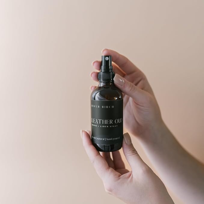River Birch Luxury Linen and Room Spray - Leather Oud Home Signature Scent - Room Fragrance Spray - Fragrant Fresh Linen Air Freshener For Bedding - Handmade in Texas - 4 oz Glass Amber Bottle