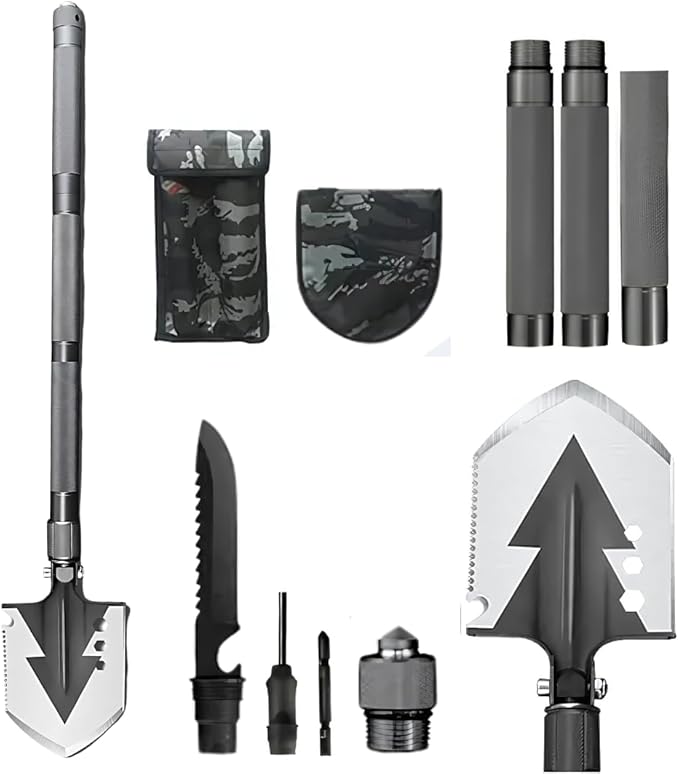 Shovel 13 in 1 Multi-Tool with a Wire Cutter, Wood Cut, Wood Saw, Screwdriver, Fire Starter, and Other Great Features (Charcoal Grey)