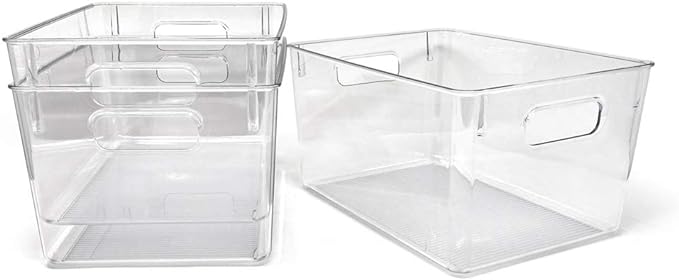 Isaac Jacobs 3-Pack Large Clear Storage Bins with Handles, Plastic Organizer for Home, Room, Office, Fridge, Kitchen/Pantry Non-Slip Container Set, Food Safe, BPA Free (3-Pack, Large)