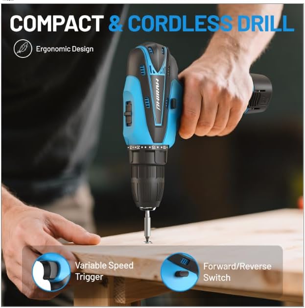 Cordless Drill Set, 12V Power Drill Kit with Battery and Charger, 3/8" Keyless Chuck, 25+1 Torque Setting, Built-in LED, Electric Driver Tool for Home DIY Projects (Blue)