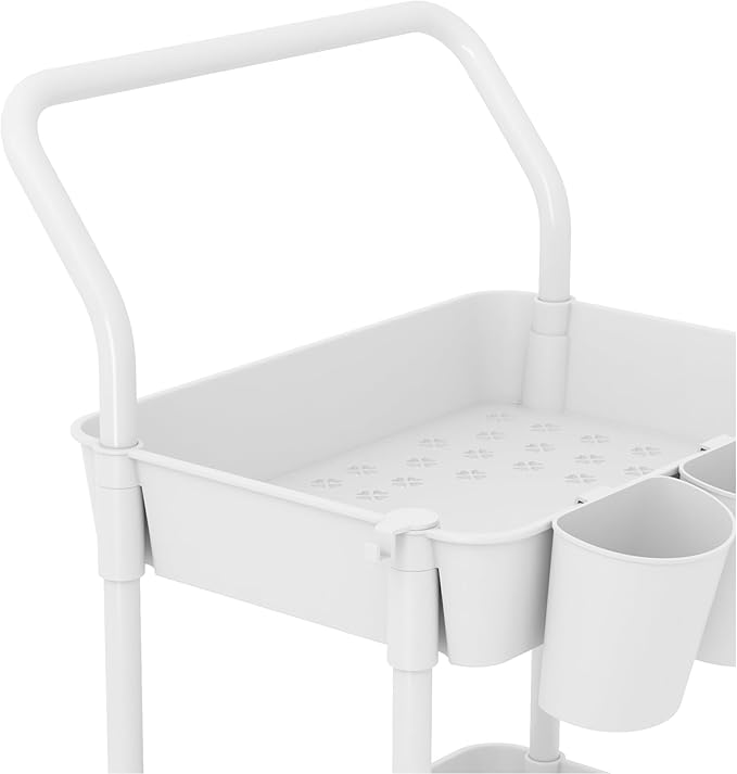 Buzowruil 4-Tier Rolling Utility Cart, Storage Cart with Handle Multi-Purpose and Locking Wheels,with Hanging Basket and Hook for Office, Kitchen, Bathroom,White