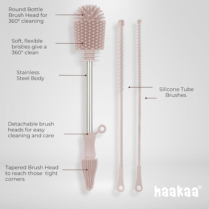 Haakaa Silicone Cleaning Brush Kit – Household Cleaning Brushes for Bottles and Crevices – Food-Grade Silicone: Dishwasher Safe (Kit-Blush)