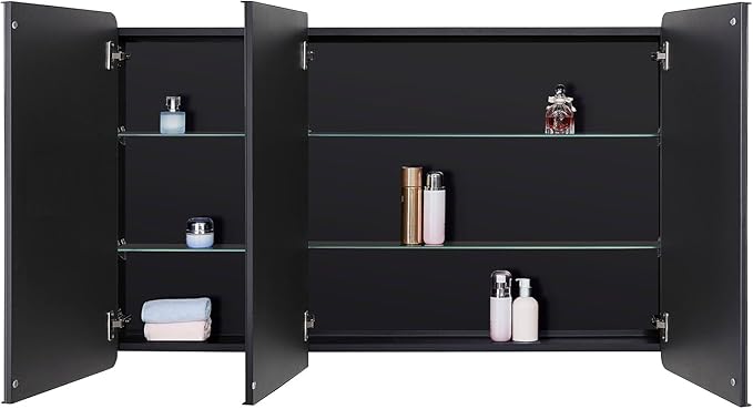 Bathroom Mirror Medicine Cabinet with Round Corner Framed Door 48 x 30 inch, Black，Recessed or Surface Mount, with Adjustable Glass Shelves
