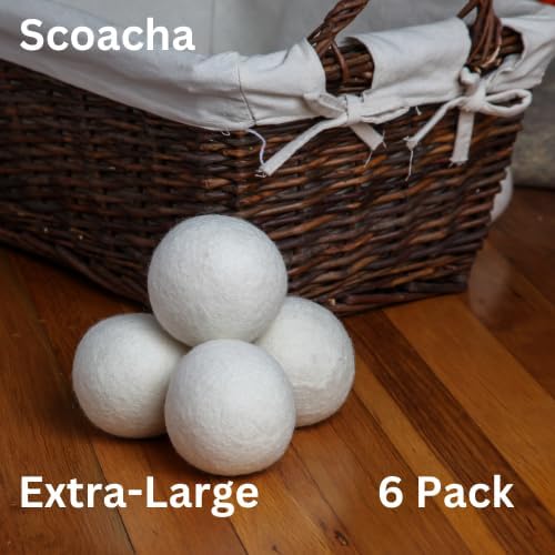 Wool Dryer Balls - XL Pack of 6 - Made from 100% New Zealand Wool - Natural Fabric Softener - Reusable, Eco-Friendly - Reduces Drying Time, Wrinkles, and Pet Hair.