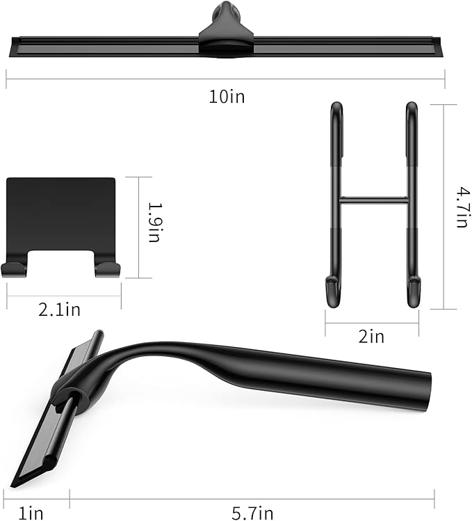 Shower Squeegee for Glass Doors, 10-Inch Stainless Steel Squeegee Bathroom Doors Mirror Car Windows with Matching Hooks Holder and Replacement Blade (Black)