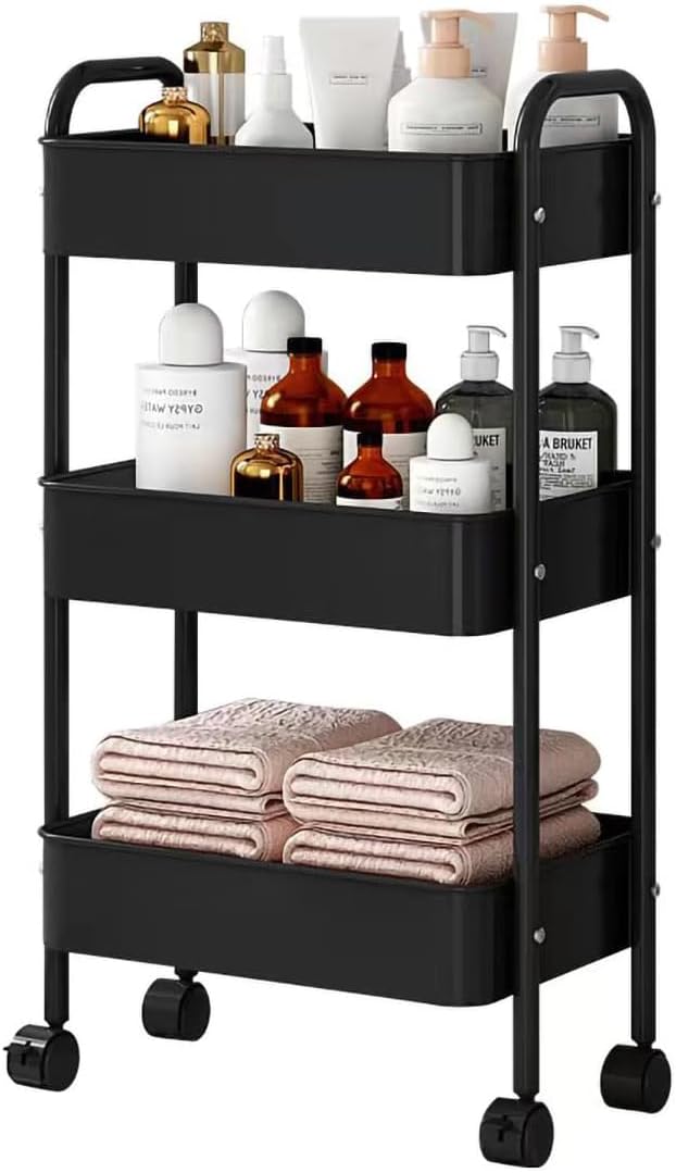XIUSHE 3-Tier Metal Utility Cart Rolling Storage Organizer, Portable and Sturdy, with Wheels, Ideal for Office, Kitchen, Bathroom, Classroom, and More, Black