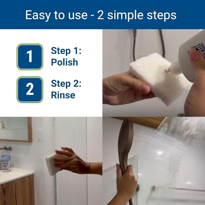 Shower Door Glass Polish – Water Spot Remover & Hard Water Stain Cleaner for Cloudy Shower Doors – Removes Soap Scum, Limescale & More – 7.4 fl oz