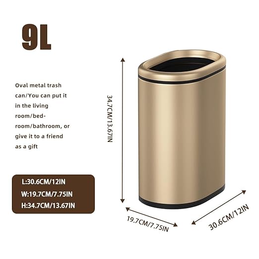 9L/2.4GALSlim Bathroom Trash Can, 12 * 7.75 * 13.67 inches, Stainless Steel with PP Inner Bucket, Smooth, with Garbage Bag Inner Lining, Suitable for bathrooms, bedrooms, Offices, Hotels