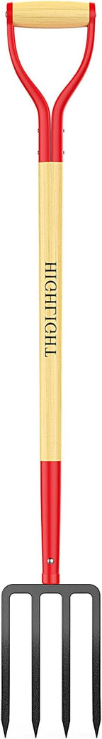 HIGHLIGHT Garden Fork, 4-Tine Spading Fork, Compost Fork, Steel Digging Fork, 45Inch, Steel D-Grip, Wooden Handle