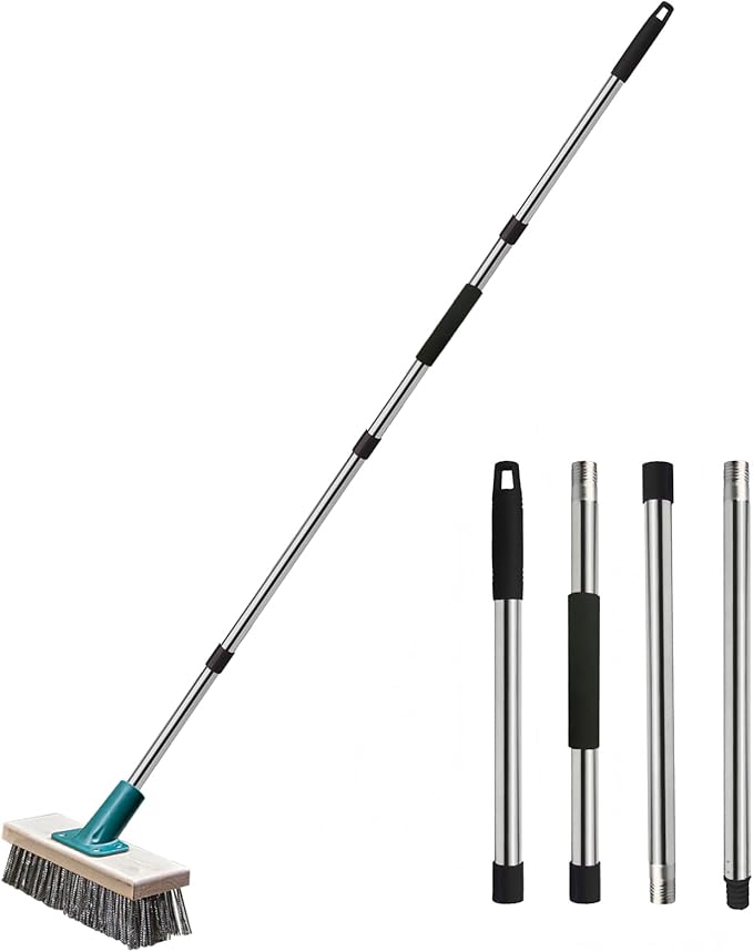 Push Broom Brush Stainless Steel Wire Scrub Brush with Long Handle for Moss, Tough Stains on Deck, Grout, Garage, Patio