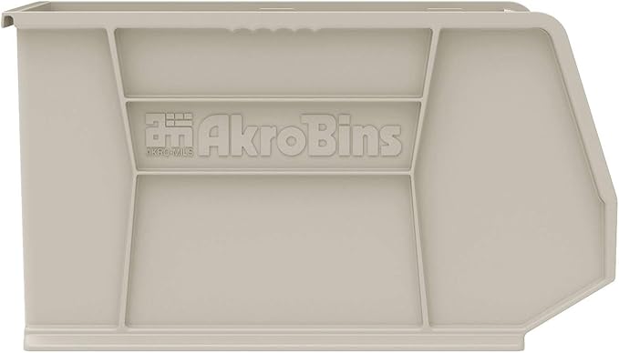 Akro-Mils 30265 AkroBins Plastic Storage Bins, Space-Saving Stackable Bins for Garage, Pantry, Craft Organization, 18-Inch x 8.25-Inch x 9-Inch, Stone, 6-Pack