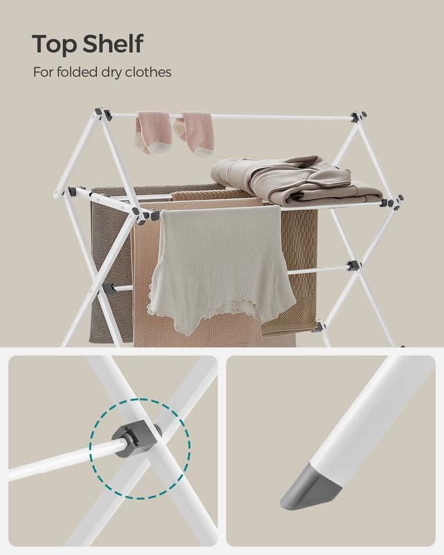 SONGMICS Foldable Clothes Drying Rack, Laundry Drying Rack, Clothes Airer, Steel Frame, 14.6 x 29.5 x 53.2 Inches, Easy Assembly, Indoor Outdoor Use, White ULLR770W01