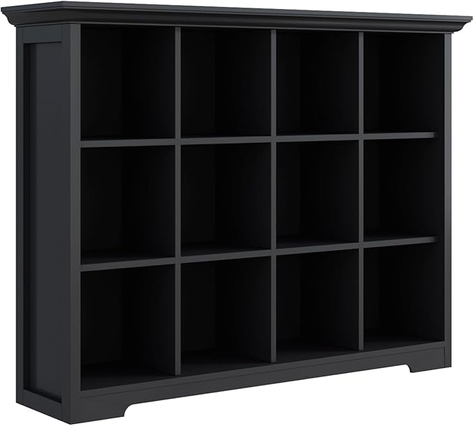 Cube Storage Bookcase with Base - Wooden 3 Tiers Floor Standing Open Shelf Cabinet for Home and Office, 12-Cube Lattice Bookshelf, Black