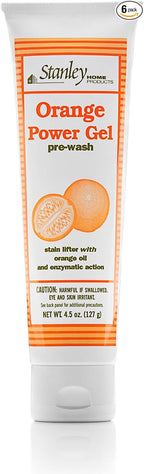 Stanley Home Products Orange Power Gel Pre Wash - Laundry Stain Remover - Spot Treat Tough Stains Works Immediately Cleans and Deodorizes Fabrics Ideal for Blood Oil Grease and More (6 Pack)