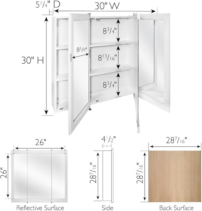 Design House Concord Medicine Cabinet, 3 Mirrored Doors, Pre-Assembled, 3 Fixed Shelves, White Frame Wall Cabinet, 30 in W x 5.25 in D x 30 in H, 531434-WHT